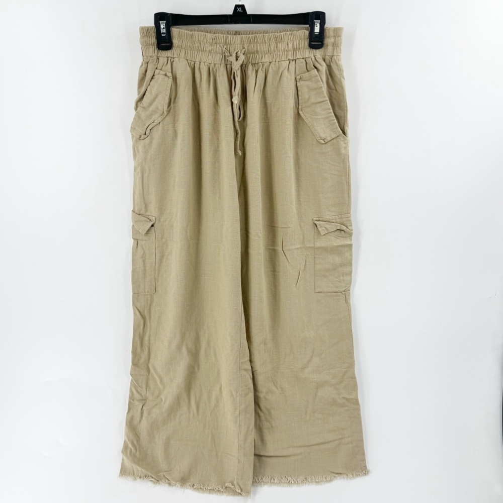 ✅ UMGEE TAN WIDE LEG RAW HEM CROPPED CARGO PANTS SIZE SMALL WITH POCKETS